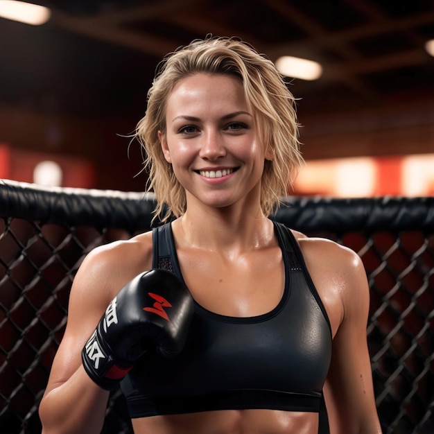 Une femme combattante du MMA souriante.