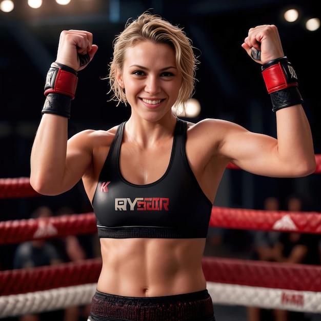Une femme combattante du MMA souriante.