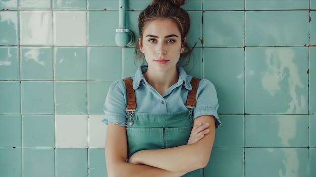 Photo une femme en combinaison debout devant un mur en carreaux