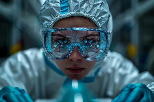 Une femme en combinaison de protection et des lunettes de protection