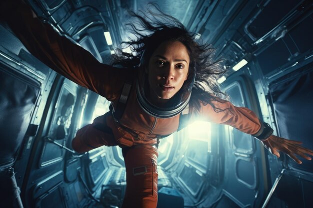 Photo une femme en combinaison spatiale orange est dans une station spatiale.