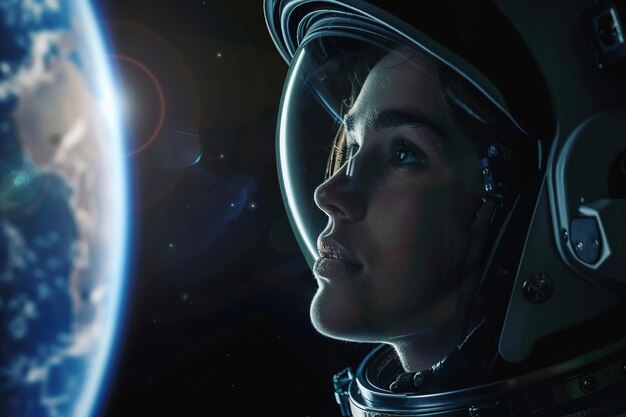 Une femme en combinaison spatiale regardant la Terre.