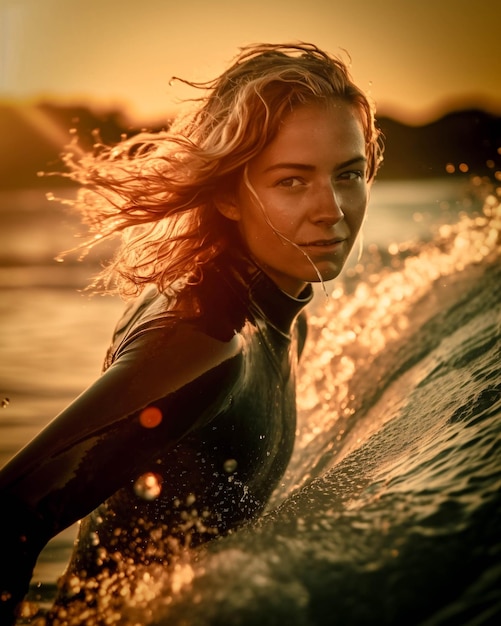 Une femme en combinaison surfant dans l'océan.