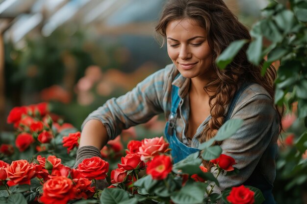 Une femme en combinaison travaille avec des roses dans une serre