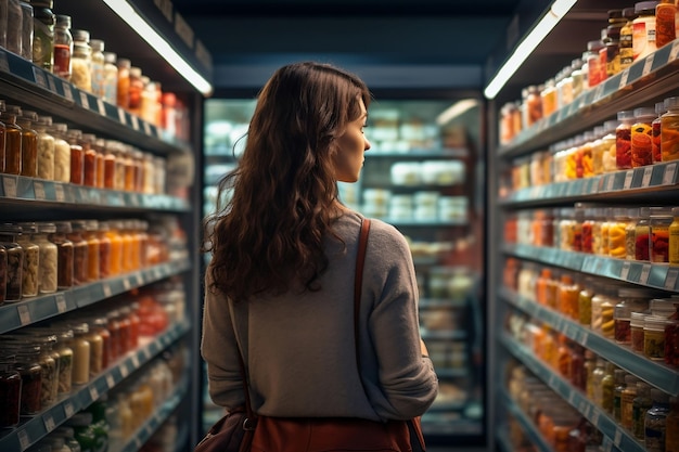 Femme comparant des produits dans une épicerie AI