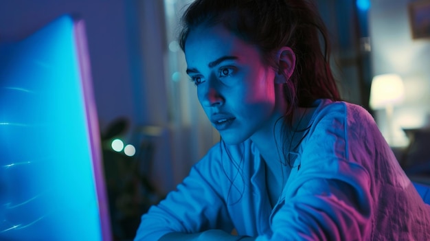 Une femme concentrée est éclairée par la lueur d'un écran d'ordinateur la nuit.