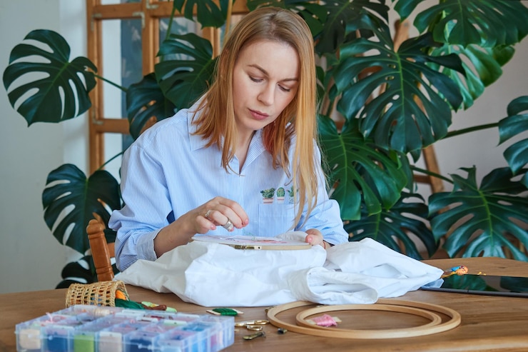 Femme concentrée faisant du point de croix assis à une table en bois à la maison concept de couture