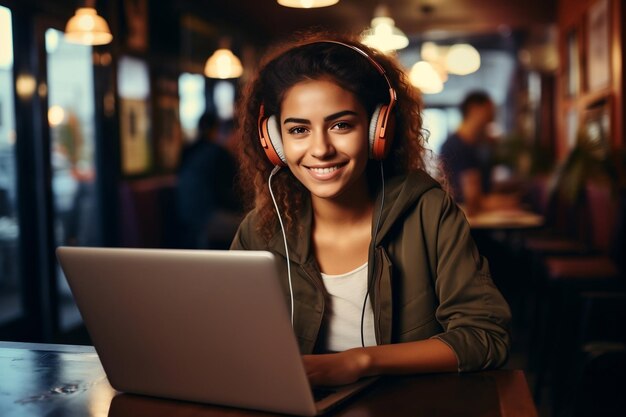 Femme concentrée sur le travail avec un ordinateur portable et des écouteurs AI