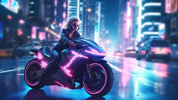 Une femme conduisant une moto dans une ville futuriste.