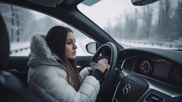 Femme conduisant un véhicule dans la neige Generative AI