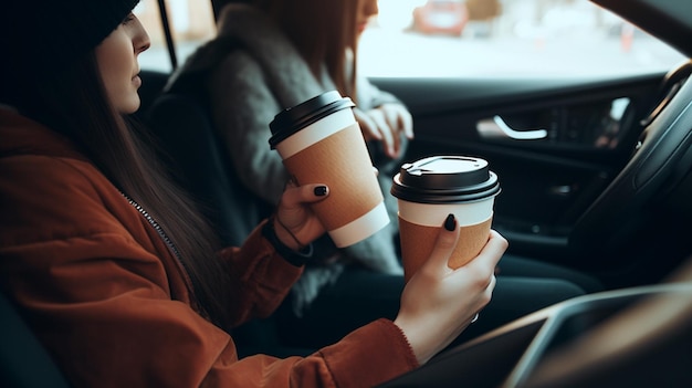 Une femme conduit une voiture et tient des tasses à café.