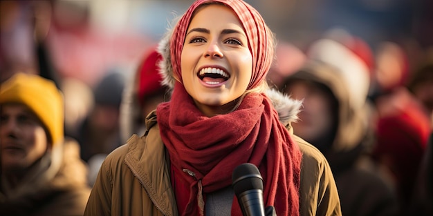 femme conférencière lors d'une marche sur le concept des droits de la race humaine en matière de genre