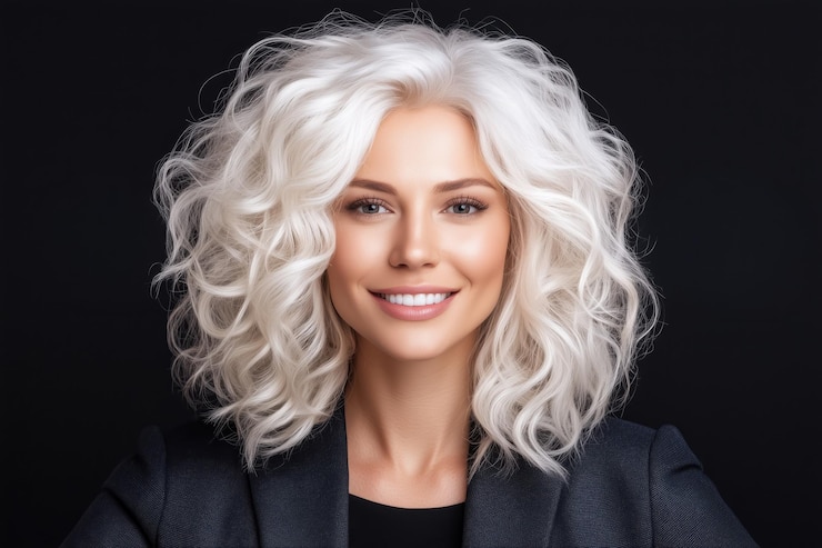 Photo une femme confiante aux cheveux blancs bouclés souriant sur un fond sombre ia générative