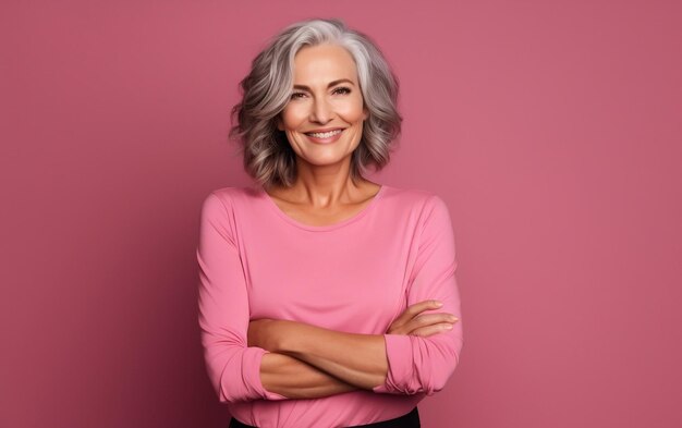 Femme confiante aux cheveux gris souriant gracieusement IA générative