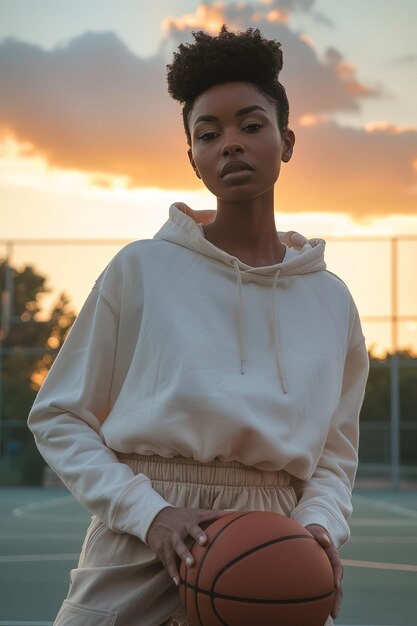 Une femme confiante avec un ballon de basket au coucher du soleil