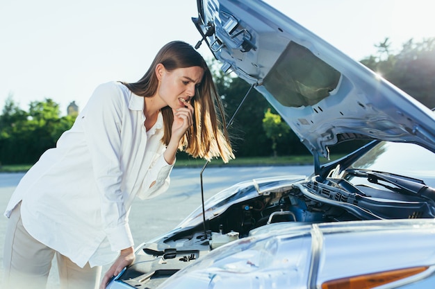 Une femme confuse examine le moteur de la voiture