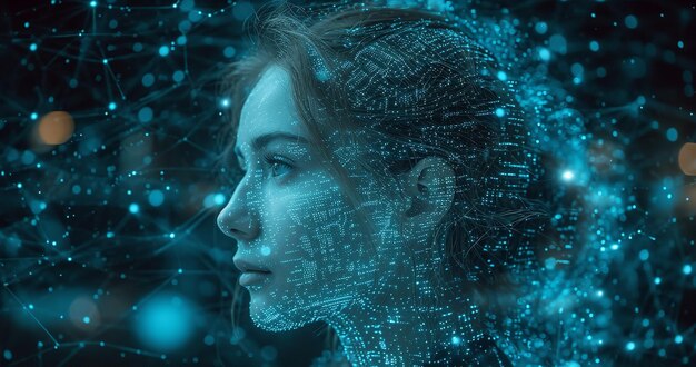 Une femme avec des connexions technologiques sur son visage dans un contexte technique avec un espace de copie IA générative