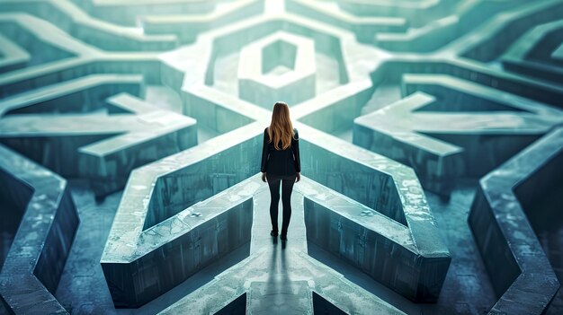 Photo une femme contemplant un labyrinthe de choix se tenant à un carrefour les défis de la vie moderne images de décision de vie conceptuelles idéal pour les affaires et les thèmes de croissance personnelle ai