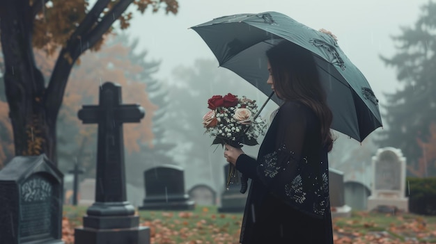 Photo femme en contemplation sombre au cimetière avec des fleurs par une journée brumeuse