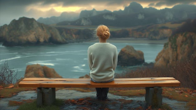 Femme contemplative assise sur un banc surplombant un paysage marin orageux