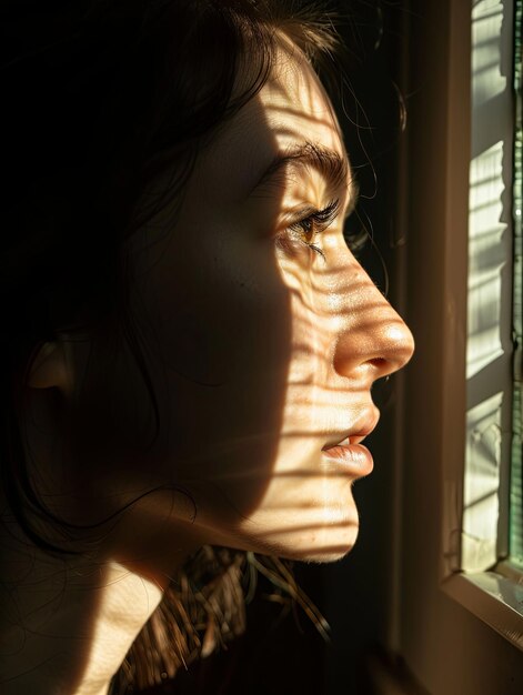 Une femme contemplative dans une pièce éclairée par le soleil