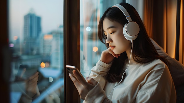 Une femme contemplative écoutant de la musique devant la fenêtre, un paysage urbain serein, le crépuscule, un environnement domestique décontracté, un style de vie moderne, une IA.