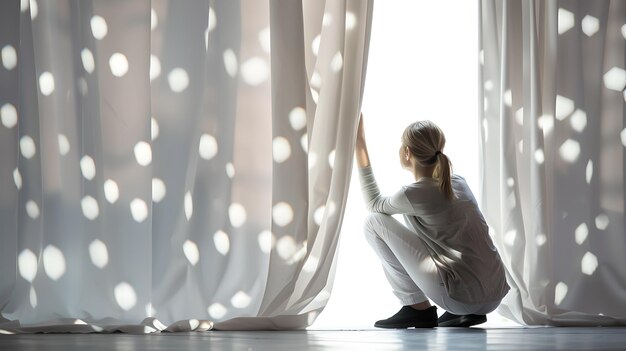 Photo femme contemplative regardant par la fenêtre la lumière du soleil coulant à travers les rideaux scène intérieure paisible ai