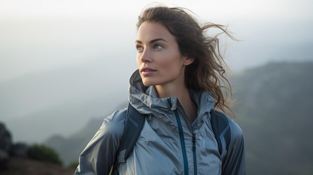 Une femme contemplative respirant l’air frais de la montagne Une chaîne de montagnes majestueuse avec la brume matinale