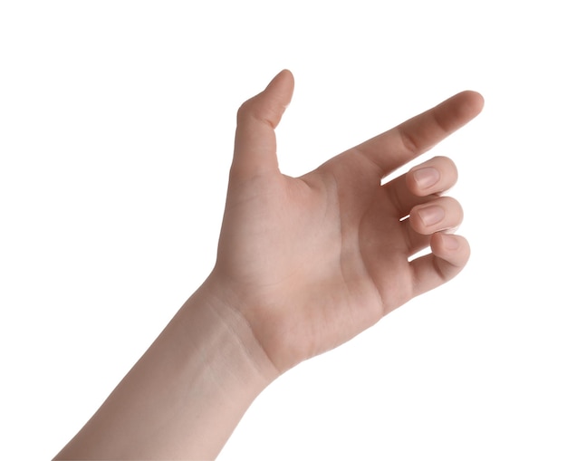 femme, contre, fond blanc, gros plan, de, main