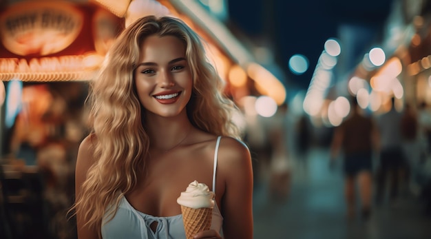 Une femme avec un cornet de crème glacée à la main