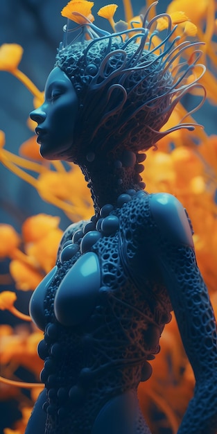 Une femme avec un corps bleu et un corps noir avec une grosse tête et un gros corps avec un grand nombre de fleurs orange dessus.