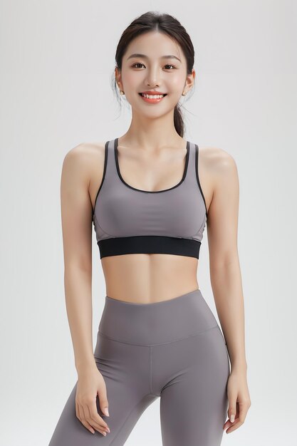 Photo une femme avec un corps parfait dans un soutien-gorge sportif supérieur et des leggings gris sur un fond de couleur simple