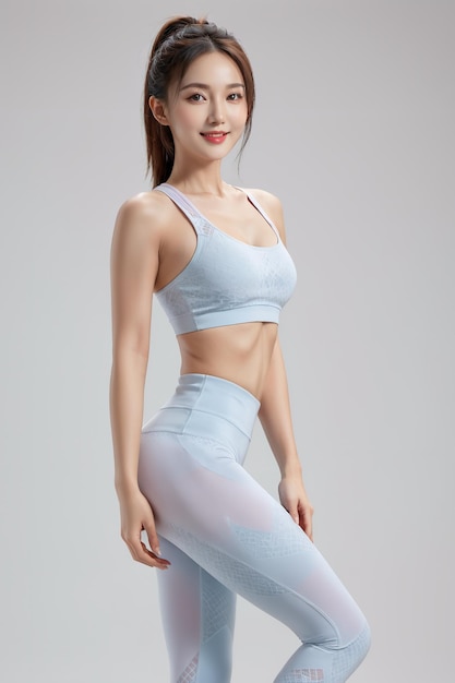 Photo une femme avec un corps parfait dans un soutien-gorge sportif supérieur et des leggings gris sur un fond de couleur simple
