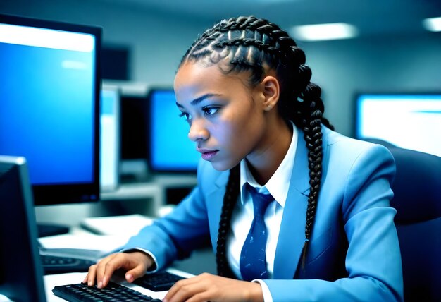 Photo une femme en costume d'affaires est en train de taper sur un ordinateur