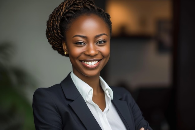 Une femme en costume d'affaires souriant à la caméra