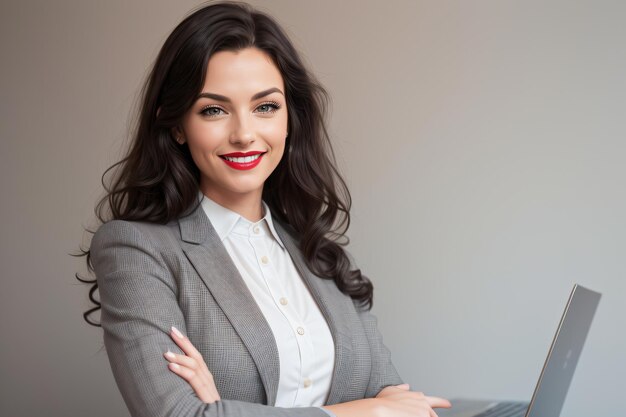 une femme en costume d'affaires sourit et tient un ordinateur portable