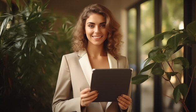 Une femme en costume d'affaires tenant une tablette