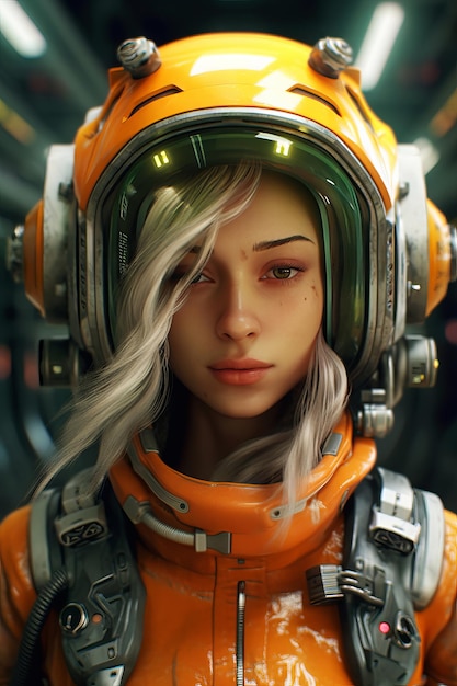 Une femme en costume d'astronaute orange avec le mot espace sur le devant.