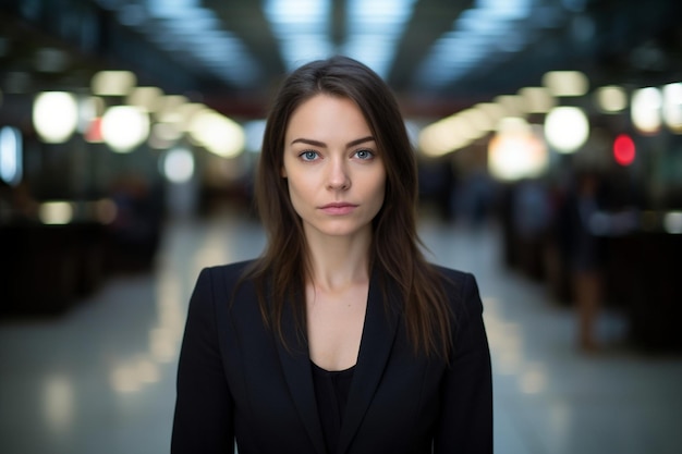 une femme en costume aux yeux bleus et une chemise noire.