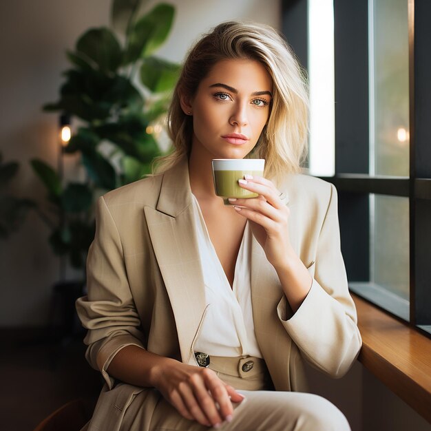 une femme en costume beige boit une tasse de café.