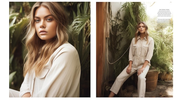 Une femme en costume blanc et chemise blanche est assise dans une jungle.