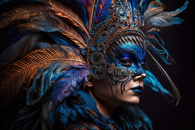 Femme en costume bleu avec une coiffe à plumes bleues et un masque de carnaval