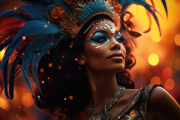 Une femme en costume de carnaval à plumes rouges