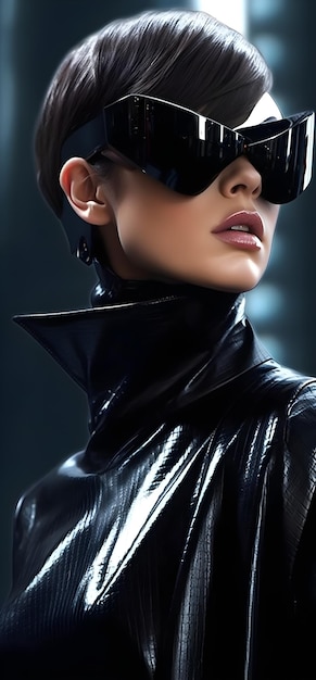 Une femme en costume de chat noir et lunettes de soleil