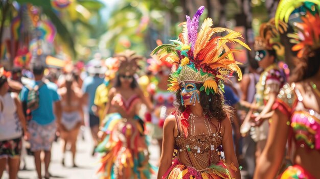 Photo une femme en costume coloré marche dans une rue avec une coiffure colorée