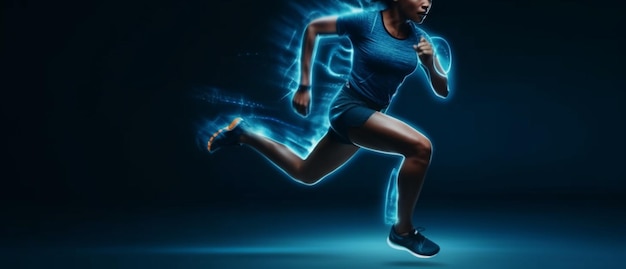 Une femme en costume de course avec un arrière-plan bleu clair IA générative