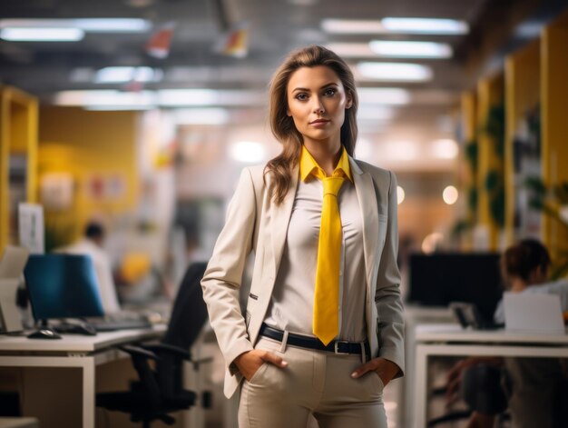 une femme en costume et cravate jaune debout dans un bureau