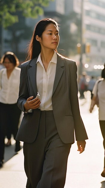 Une femme en costume-cravate marche dans la rue.