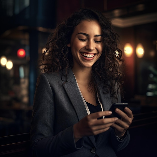 une femme en costume envoie des textos sur son téléphone.