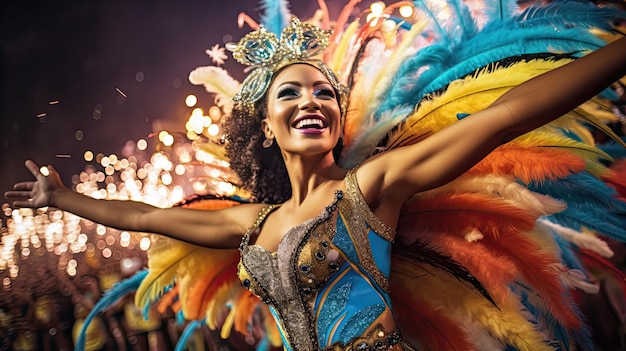 une femme en costume avec des feux d'artifice derrière elle